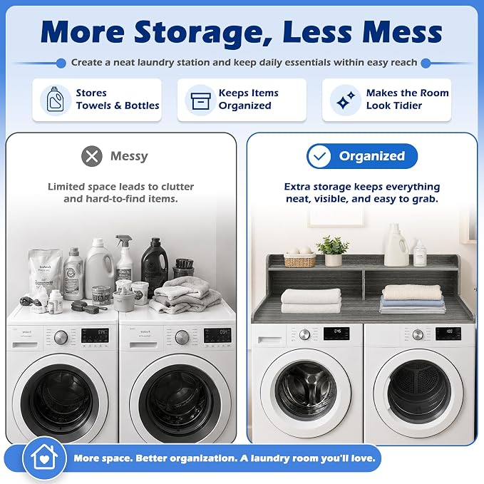 Royxen Laundry Countertop with Storage Universal Fit, Washer and Dryer Countertop with Shelf, Laundry Room Storage, 2-Tier Shelf (Eucalyptus)