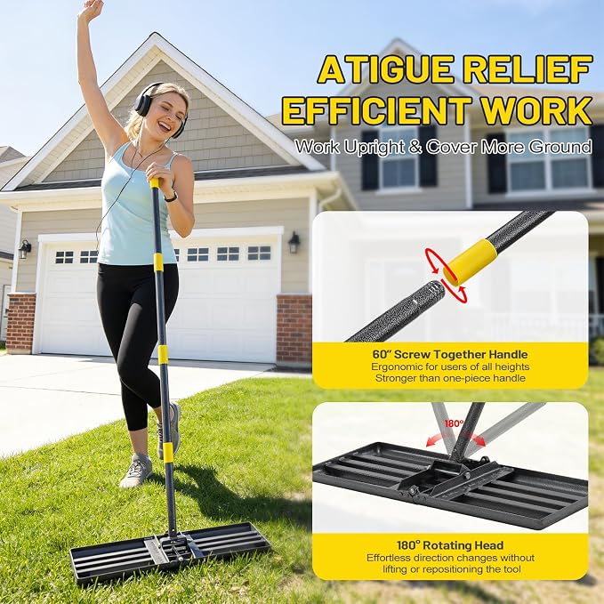 Lawn Leveling Rake,Foldable 30x10 Inch Ground Plate,72 Inch Adjustable Long Handle Yard Level Tool with Curved Edge,Heavy Duty Landscaping Lawn Leveler for Grass, Golf Field, Soil Sand Dirt Spreader