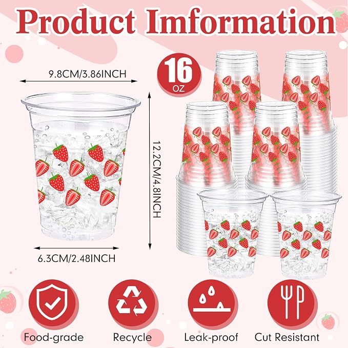 Jingmore 100 Pcs Strawberry Disposable Cups 16 oz Clear Plastic Drinking Cups Bulk for Spring Summer Holiday Birthday Wedding Juice Hot Cold Drinks Party Supplies(Strawberry)