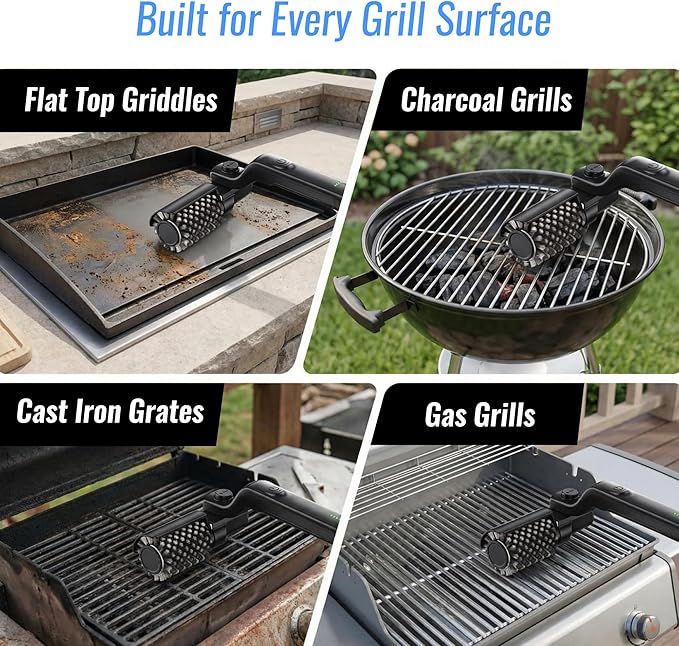 Electric Grill Brush Cleaner for BBQ Outdoor Grill - Motorized Rotary Automatic Spin Scrubber with Stainless Steel Head - Cordless Rechargeable Power Tool 3 Speed Cleaning Barbecue Grills