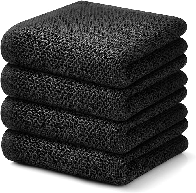 Kitinjoy 100% Cotton Waffle Weave Kitchen Hand Towels (13 x 28 Inches, Black), 4-Pack Super Soft and Absorbent Dish Towels for Drying Dishes