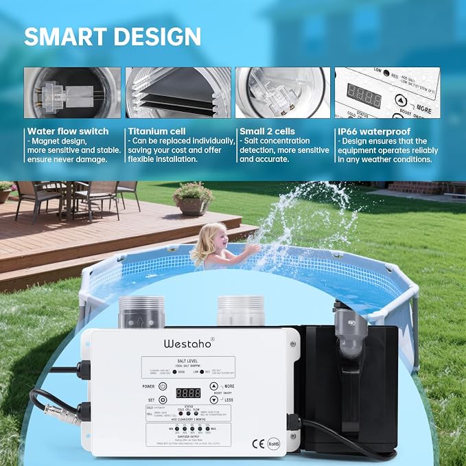 Salt Chlorine Generator & Pool Pump, Westaho Salt Water Pool Chlorinator System with Integrated Design, USA Made Titanium Cell, Designed for Above Ground Pools Up to 15,000 Gallons