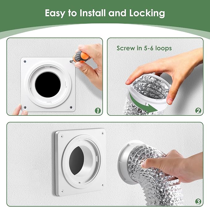 Dryer Vent Wall Plate with Hose(4 inch 8 feet), Twist Lock Dryer Vent Connector Kit, 4 Inch Dryer Duct Connector Flange, for Wall Exhaust Vent, Ceiling or Warmhouse Air Circulation