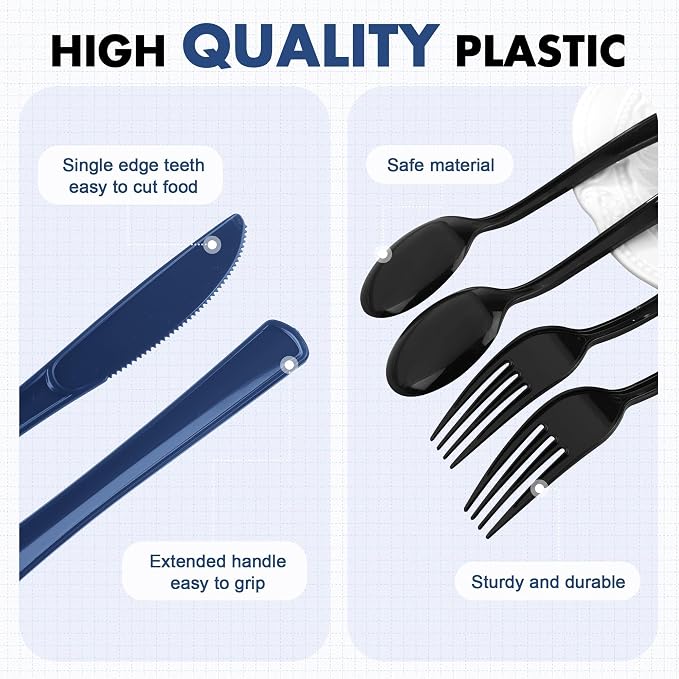 Kochorie 300Pcs Black & Blue Graduation Disposable Plastic Silverware, Heavy Duty Cutlery Set, Premium Flatware Include Forks Knives Spoons for Graduation Party Supplies & Congrats Grad Events