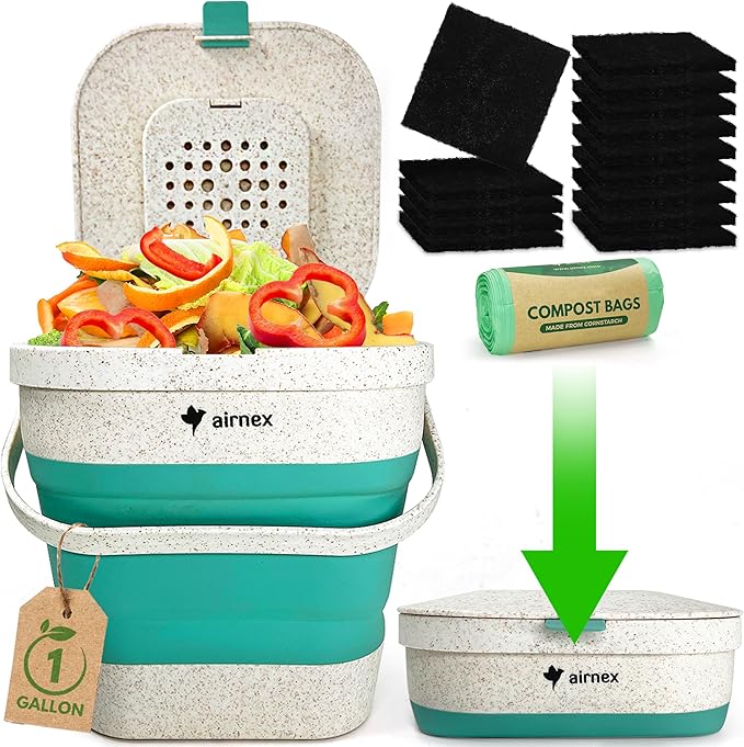 AIRNEX Collapsible Food Waste Bin with Lid - 1 Gallon Food Waste Caddy for Kitchen Made of Wheat Straw - Odor Free Compost Bin with 20 Pcs Compostable Trash Bags and 14 Pcs Carbon Filters