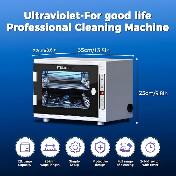 Nail Tool Sterilizers UV 12L Lighting Autoclave Machine for Labs, Salons & Home