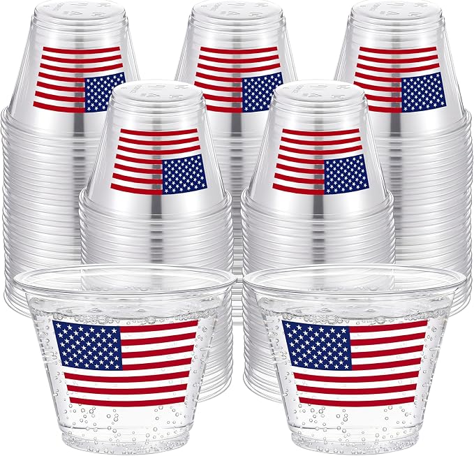 LemonRoad 100 Pack Patriotic 4th of july Cups 9 oz Star Stripe American Flag Disposable Clear Plastic Cocktail Cups Hot Cold Beverage Drinks for 250th anniversary decorations and party favors
