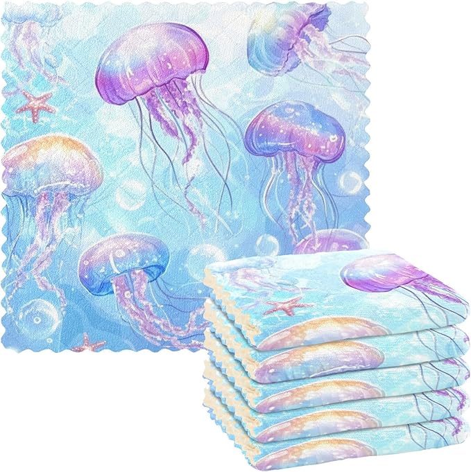 Marine Jellyfishes Starfish and Bubbles Kitchen Towels Dish Cloths Set of 6 Microfiber Cleaning Cloths for Cars Super Absorbent Machine