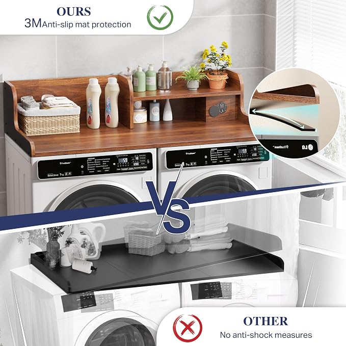 DTK Washer Dryer Countertop with Charging Station, 2 Tier Laundry Countertop with Anti-Slip Strips, 27.55" Depth x 54" Width, Wood Dryer Cover with Shelf, Walnut