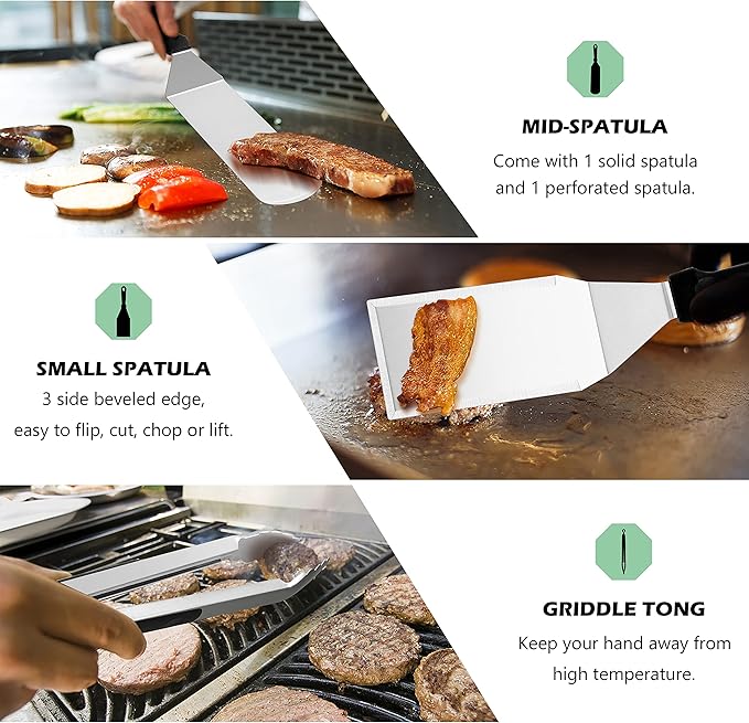 HaSteeL Griddle Accessories Kit of 18, Teppanyaki Tools for Flat Top Cooking Grilling Camping, Stainless Steel Melting Dome, Metal spatulas, Bacon Press for Outdoor BBQ, Heavy Duty & Dishwasher Safe