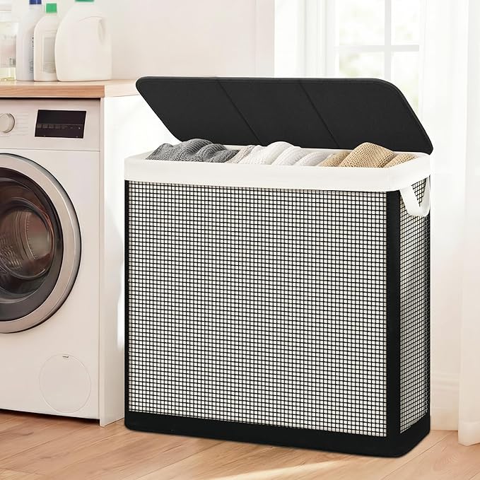 STO STO Laundry Hamper 3 Section with Lid, 180L Large 3 Section Laundry Sorter, Laundry Basket with Removable Washable Liner Bag, Breathable Clothes Hamper for Bedroom Bathroom Laundry Room Closet