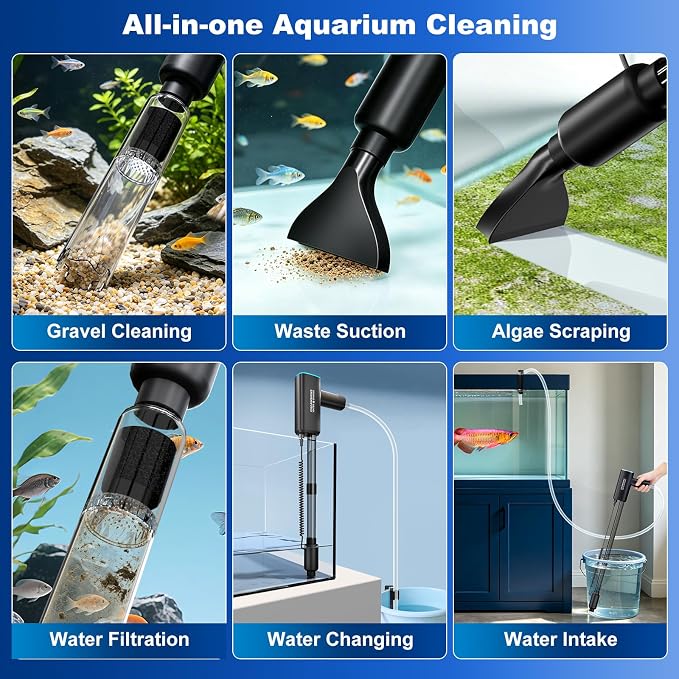 Cordless Gravel Vacuum Aquarium Cleaner,6-in-1 Automatic Fish Tank Cleaning Tools 2600mah Rechargeable Fish Tank Vacuum for 10-75 Gallon Large Tanks Change Water Wash Sand(25w)