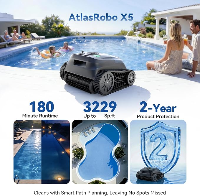X5 Robotic Pool Vacuum for Inground Pools, Cordless Cleaner w/Smart Navigation, 4 Cleaning Modes, 180-Min Runtime, 5550 GPH Suction, Covers up to 3,229 sq.ft, Wall & Waterline