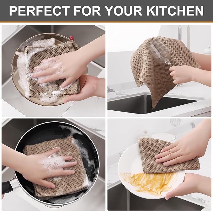 Kitinjoy 100% Cotton Kitchen Dish Cloths (12 X 12 Inches, Tan), 8 Pack Waffle Weave Ultra Soft Absorbent Dish Towels for Drying Dishes Quick Drying Kitchen Towels Dish Rags