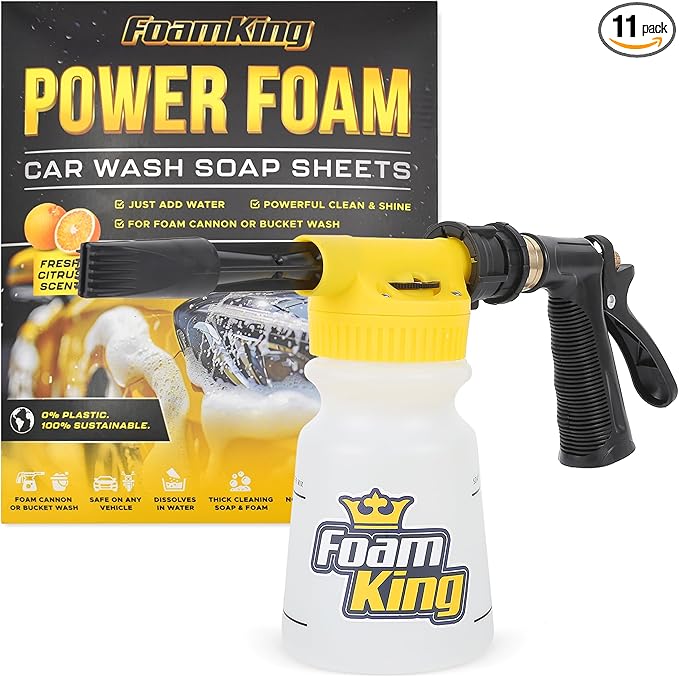 Foam King™ Gun Car Wash + Power Foam Car Wash Soap Strip (10ct = 5 Car Washes) - Connects to Garden Hose, Ultimate Scratch Free Cleaning Snow Blaster Cannon Washing