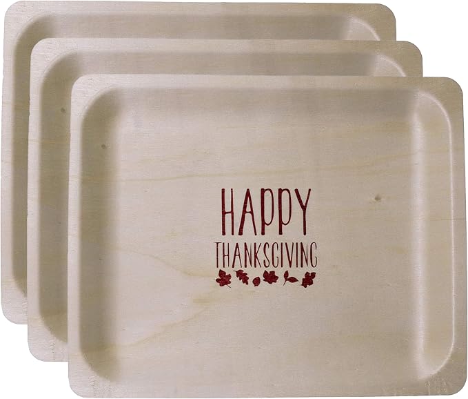 Perfect Stix 10" Disposable Wooden Plate with Happy Thanksgiving Print - Pack of 25ct