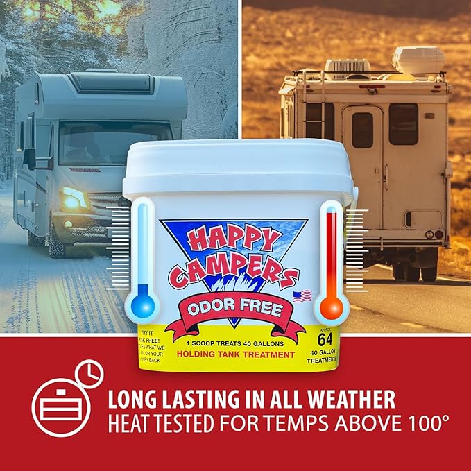 Happy Campers RV Toilet Treatment - Powerful Odor Control, Long-Lasting RV Tank Treatment - Prevents Clogs, Buildup, Sensor Failure - Keeps Holding Tank Clean & Healthy, Odor Free (64 Treatments)