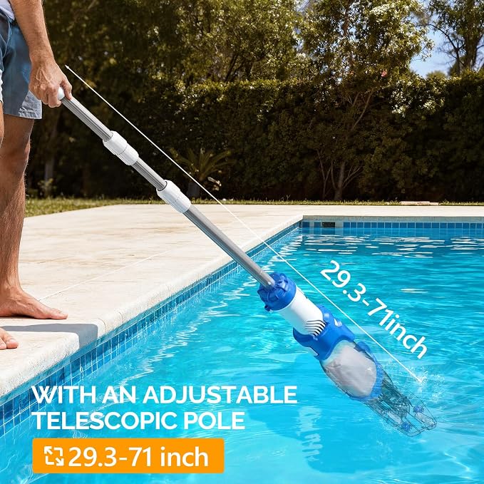 VINGLI Pool Vacuum for Above Ground Pools, 40W 18.5GPM Suction, 60 Mins Runtime, 1.5H Fast Charging, 29.3-71inch Telescopic Pole, Ideal for Leaves & Debris Deep Cleaning