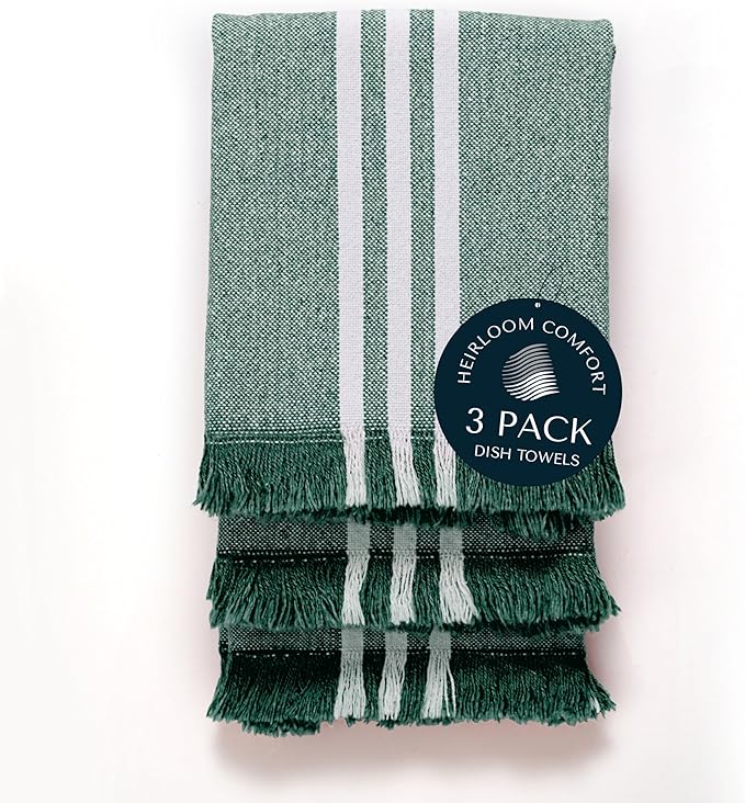 Monochrome Stripe Kitchen Towels 3 Pack, 16x26 Inch, 100% Cotton, Super Absorbent & Quick Dry, Durable, Fringed Dish Towel for Drying Dishes, Washable, Everyday Use, Forest Green