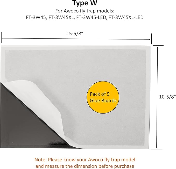 Awoco 5 Packs of Replacement Sticky Type W Glue Boards for Awoco Wall Mount Sticky Fly Trap Lamp Model FT-3W45 (5 Glue Boards)