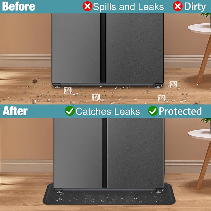 ToLanbbt Refrigerator Spill Mat - 37.5'' x 8.5'' Silicone Under Fridge Floor Protector with Raised Edge, Leak Catcher Liner Drip Tray for Refrigerator Washing Machine, Dryer, Wine Cooler, Black