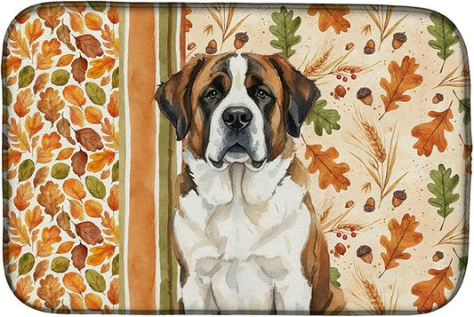 Caroline's Treasures Brindle and White Saint Bernard Heirloom Fall Dish Drying Mat Absorbent Dish Drying Mat Pad for Kitchen Counter Dish Drainer Mat for Countertop, 14 x 21", Multicolor