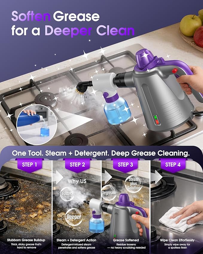 Handheld Steam Cleaner for Home, Pressurized Multi Purpose Steamer for Cleaning Upholstery Bed Furniture Couch Carpet Car with 14 Accessories & Safety Lock, Small Solution Tank for Grease