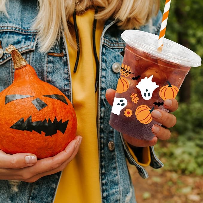 Whaline 50Pcs 12Oz Halloween Plastic Cups with Lids & Straws Pumpkin Ghost Disposable Clear Drinking Cups with Black Ribbon for Birthday Party Supplies