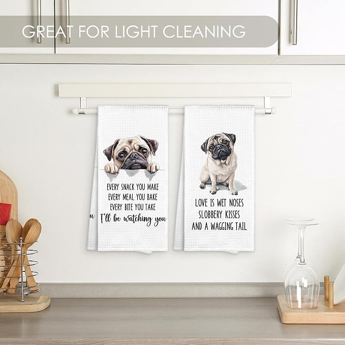 Pug Kitchen Towel Gifts for Dog Lovers Decorative Set of 2, Pug Dish Towels Dishcloths Tea Towels, Puggy Dog Waffle Weave Microfiber Hand Towel for Kitchen Bathroom Decor 16x24