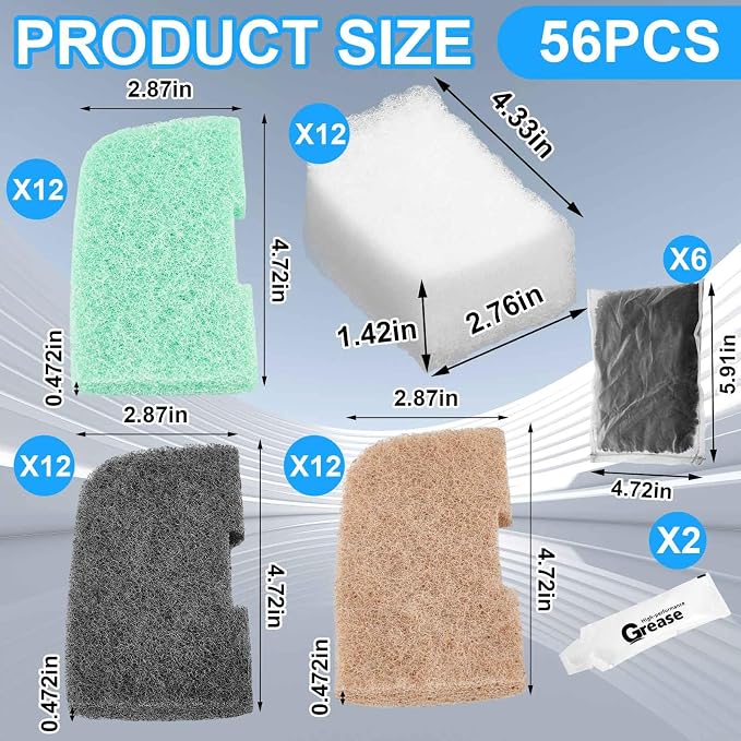 Threlaco 56 Pcs Aquarium Filter Media Compatible with Fluval 306/307/406/407, 36 Ammonia Phosphate & Nitrite Remover Pads, 6 Activated Carbon, 12 Polishing Pads, 2 Silicone Lubricant