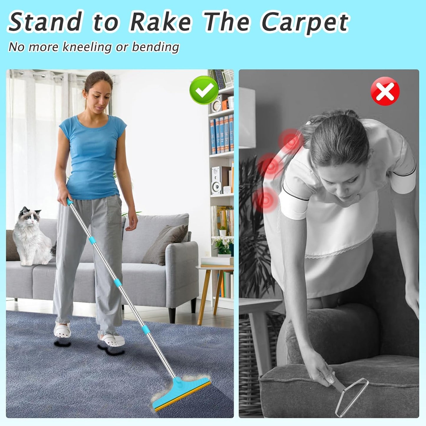 Carpet Rake for Pet Hair Removal - Reusable Pet Hair Remover, 60” Adjustable Long Handle Cat Dog Carpet Rake Scraper with Patented Design, Dog Hair Rake Brush for Rugs, Mats