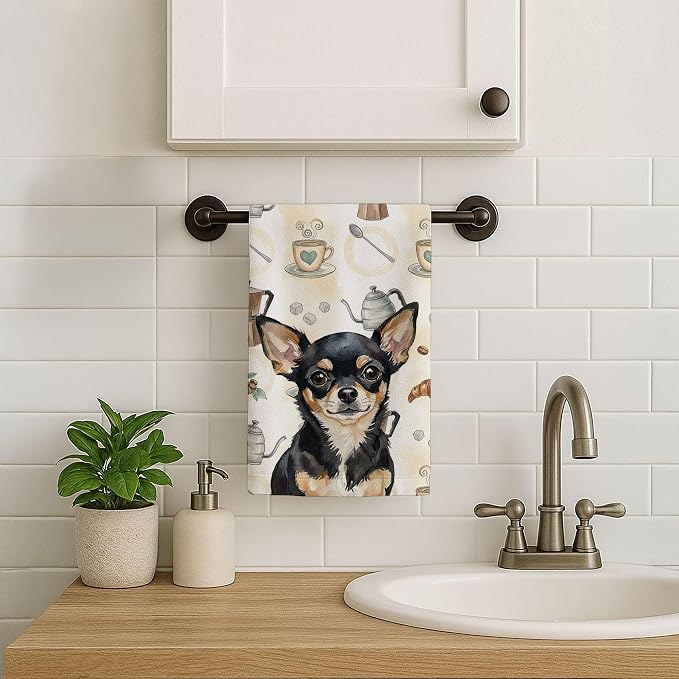 Caroline's Treasures Black and Tan Chihuahua Coffee Bar Kitchen Towel Velour Plush Front and Cotton Loop Back Machine Washable