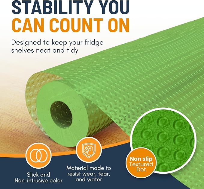 Refrigerator Liners for Shelves by Linda’s Essentials - Easy to Clean Fridge Liner with Spill Protection Fridge Shelf Liners & Drawer Liner, Nonslip BPA-Free Refrigerator Mats (Green Roll)