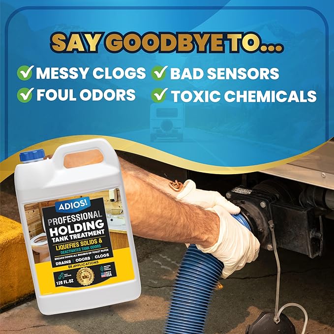 ADIOS! RV Holding Tank Treatment and Deodorizer - Digests Waste, Tissue, Paper for Gray and Black Tanks - 1 Gallon (128oz)