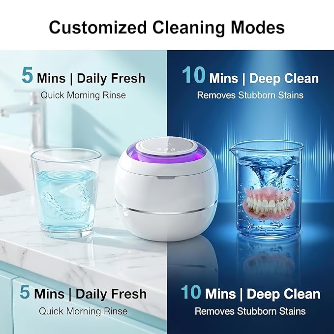 Ultrasonic Retainer Cleaner Machine, White, 42KHZ Dental Cleaning Pod For Denture, Toothbrush Heads,Jewelry, Braces, Digital Timer with 2 Modes, 180ML,304 stainless steel inner liner