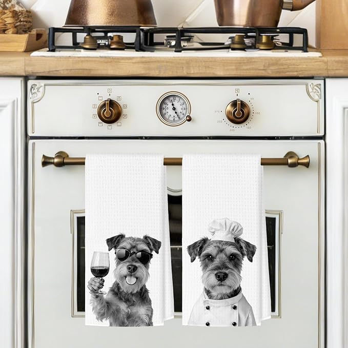Funny Schnauzer Kitchen Towels Set of 2, Dog Kitchen Bar Accessories, Dog Chef Gifts for Women Decorative Hand Towels for Kitchen Decor, Schnauzer Lovers Dish Tea Towel, 16x24 Inch