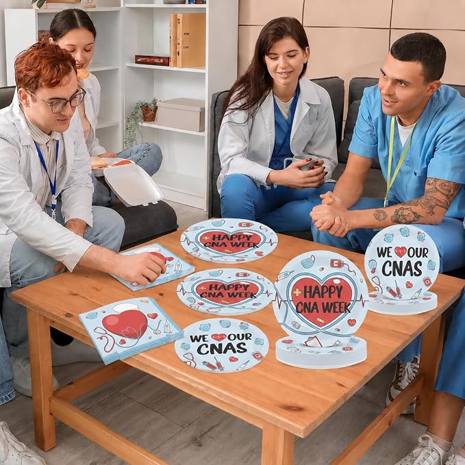 CHUNNIN 96Pcs Happy CNA Week Plates and Napkins Nurse Appreciation Week Party Decorations We Love Our CNAS Dessert Plates Nurse Tableware for 24 Guests CNA Appreciation Week Party Supplies