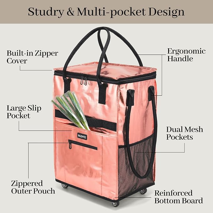 RalChyez Reusable Grocery Bags on Wheels, 67L Rolling Tote Grocery Bag with Handle and Zipper Cover Foldable Shopping Cart Trolley Laundry Basket Bag Rose Gold Medium