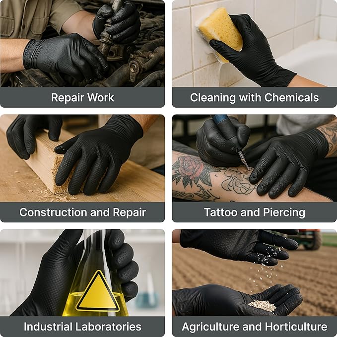 Disposable 5 & 8 Mil Black Nitrile Gloves S-XL – Heavy Duty Latex & Powder-Free – Textured, Chemical-Resistant