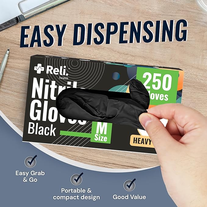 Reli. Black Nitrile Gloves, Medium | 500 Pack Heavy Duty Disposable Gloves (5 mil) | Powder Free, Latex Free | Single-Use | Premium Nitrile Material for Automotive, Cleaning, Cooking | Food Safe