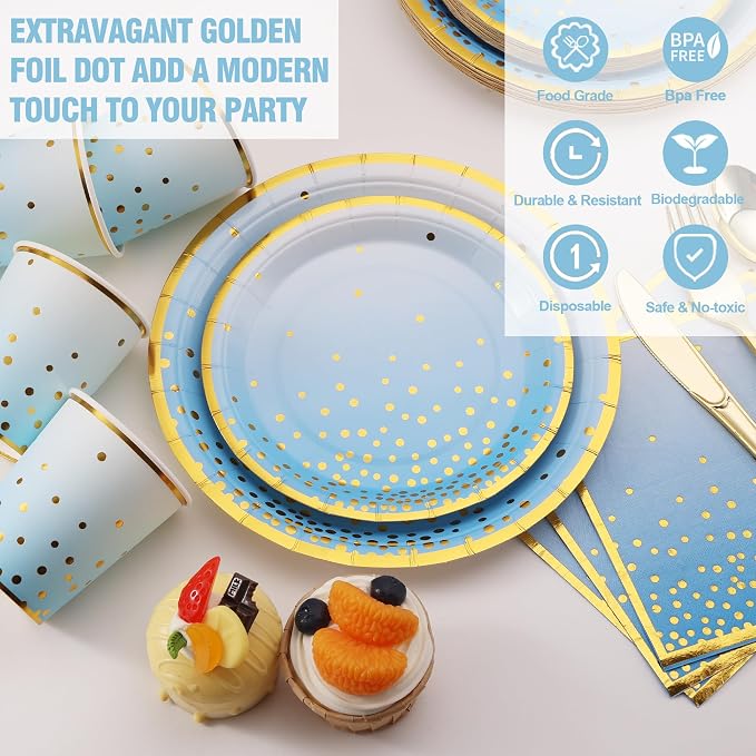 175PCS Blue Plates and Napkins Party Supplies, Blue Paper Plates Blue Birthday Plates Serves 25, Blue Party Plates for Birthday, Baby Shower, Graduation Party
