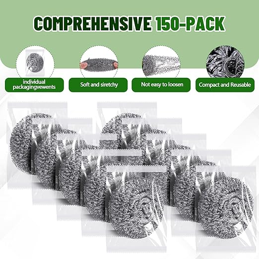 Honeydak 150 Pack Stainless Steel Scourers Steel Wool Scrubbers Bulk Separately Packaged 3 Inch, 25 Gram Metal Scourers Sponges Wire Scouring Pad for Stove Pot Pan Oven Kitchen Restaurant(Classic)