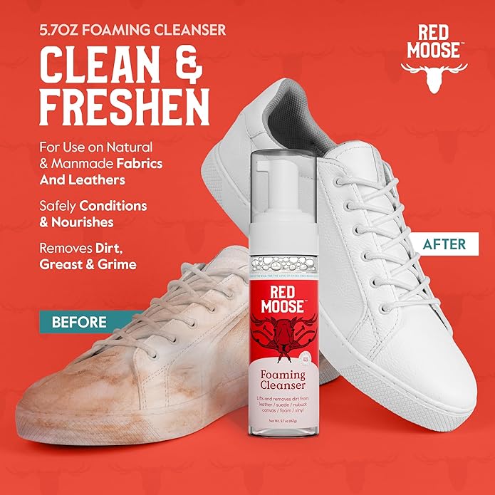 RED MOOSE Shoe & Sneaker Cleaner Kit – Leather, Suede, Nubuck, Canvas & White Shoes with Brush, Foam & Cloth, Made in USA