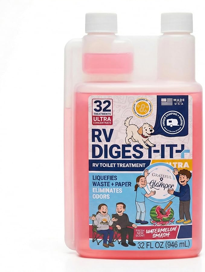 Unique RV Digest-It Ultra RV Toilet Treatment, 32 Uses, Grateful Glamper Watermelon Smash Exclusive, Eliminates Odors, Liquifies Waste, Easy-Measure Liquid Preventive Holding Tank Treatment 32 Fl Oz