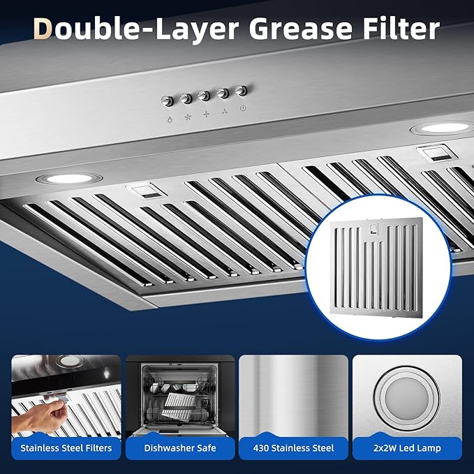 Tiesay 30 Inch Under Cabinet Range Hood 900 CFM with Ductless Convertible Duct Kitchen Hoods, 3-Speed Adjustable, Dishwasher Safe Baffle Filters, LED Lights, Stainless Steel, Button Control