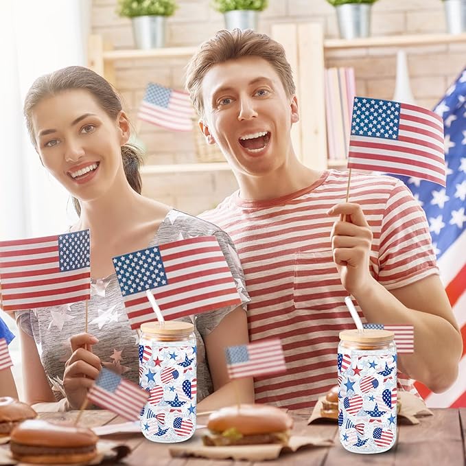 Sliner 2 Pcs Patriotic Glass Cups 4th of July Gifts Tumbler with Lid Straw American Flag Star Iced Coffee Cup 16 oz Red White Blue Drinking Glasses for Women