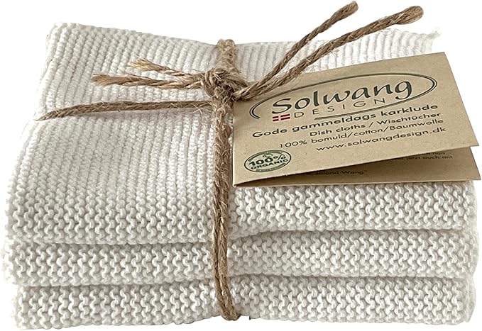 Solwang 3-Piece Danish Cotton Dishcloths in 100% Certified Organic Cotton Made in India (White Organic Trio)
