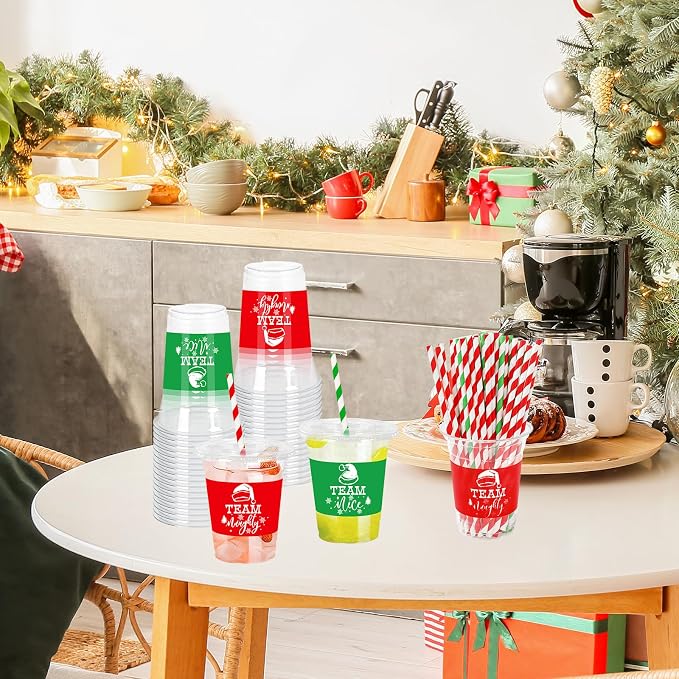 JarThenaAMCS 50Pcs 12Oz Christmas Plastic Cups with Lids & Straws Team Nice or Naughty Disposable Clear Drinking Cups for Winter Xmas Party Supplies