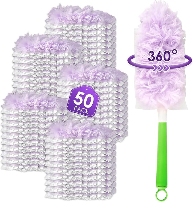 50 Count Feather Duster Refills for Swiffer Dusters Handle, 360 Degree Multi-Surface Duster Refill Kit with 1 Extra Handle, Disposable Dust Removal Brush Heads for Electronics Furniture, Car Interior
