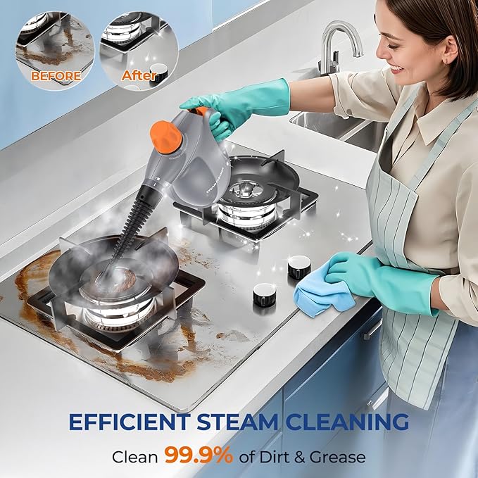 Steam Cleaner, Pressurized Handheld 13pcs Multi-Purpose Natural Deep Cleaning Steamer, Portable Steamer for Cleaning Home, Grout, Kitchen, Car, Window, Upholstery, Bathroom and Clothes, Gray